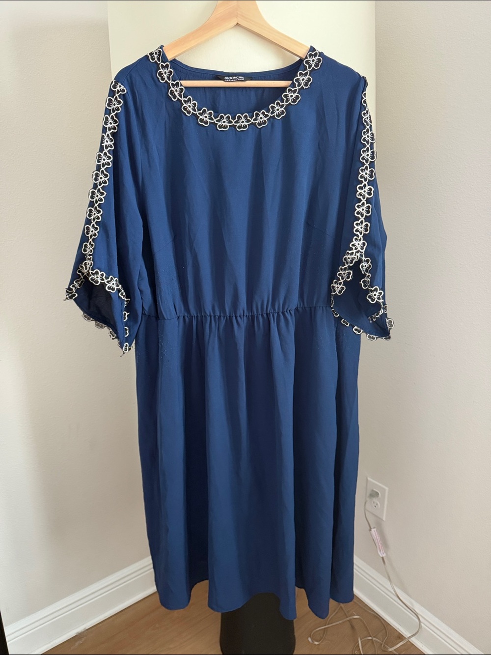 BloomChic Navy Midi Dress with White Floral Trim